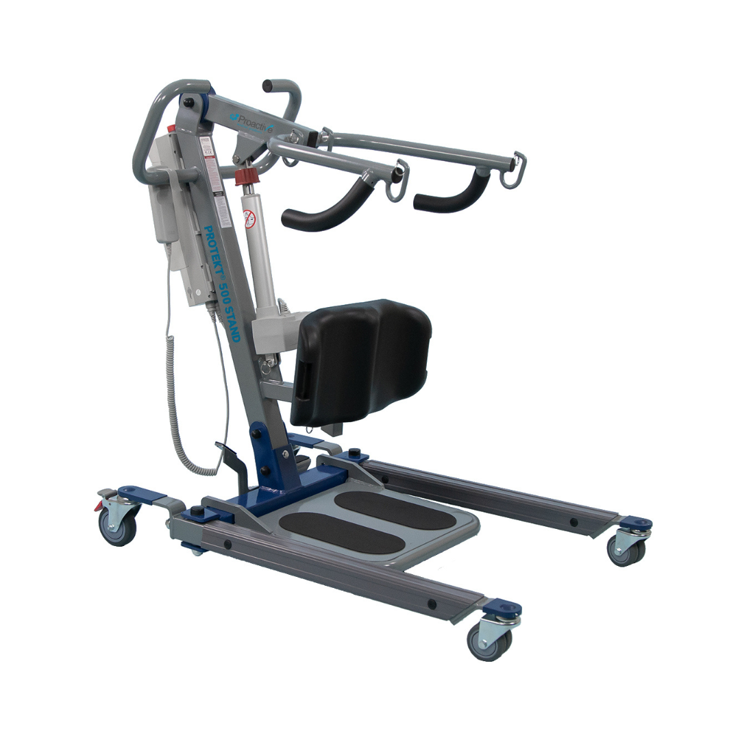 The Proactive Protekt® 500/600 lb Sit-to-Stand Lift is a high-capacity lift with wheels, padded knee supports, metal frame, handlebar, footrests, and arm supports to safely assist those with mobility challenges during transfers.